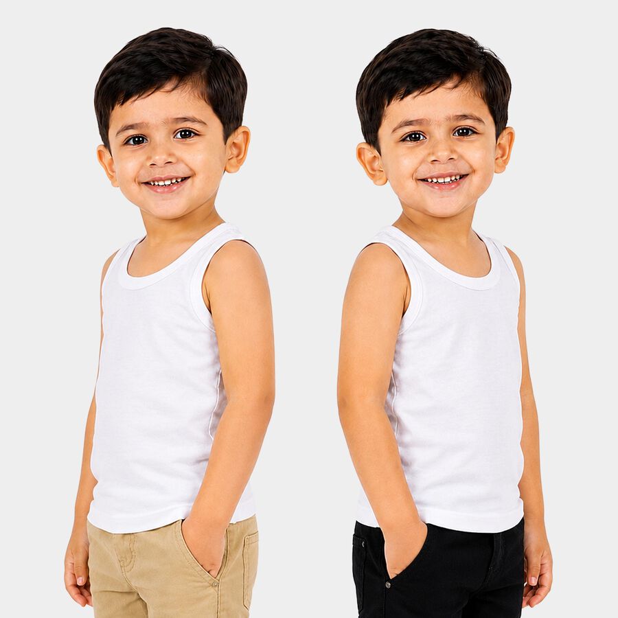 Boys White Cotton Round Neck Vest, सफ़ेद, large