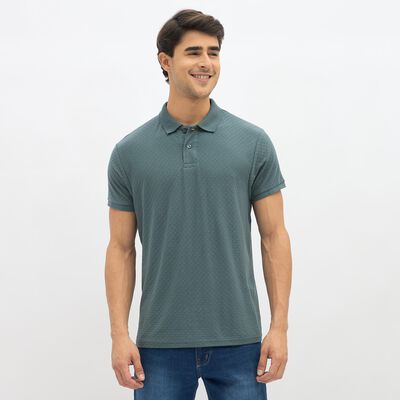 Men's Dark Sage Green Polo Neck Textured T-Shirt