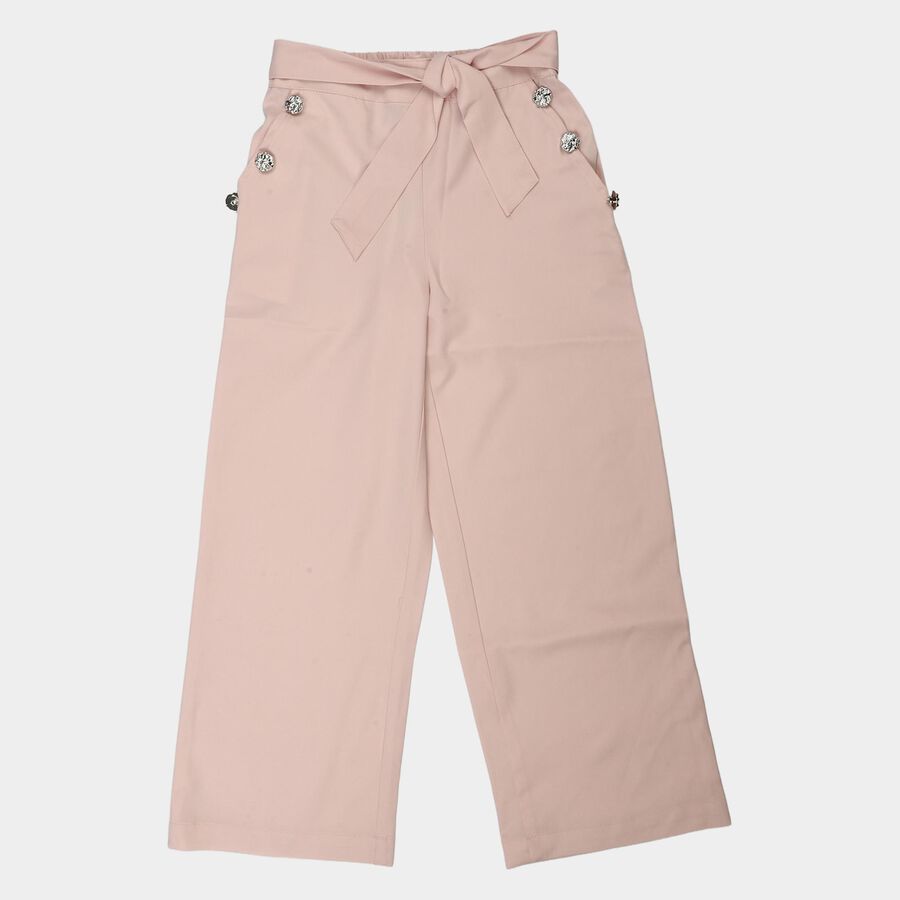 Girls' Pink Wide Leg Tie-Up Trousers, Light Pink, large