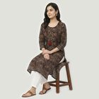 Women's Brown Cotton Round Neck Floral Printed Straight Kurta, Brown, small