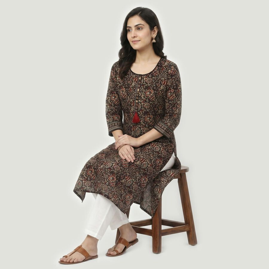 Women's Brown Cotton Round Neck Floral Printed Straight Kurta, Brown, large