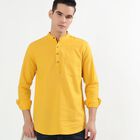 Men's Bright Mustard Yellow Cotton Mandarin Collar Solid Kurta, Mustard, small image number null