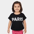 Girls Black Cotton Round Neck Casual T-Shirt, काला, small