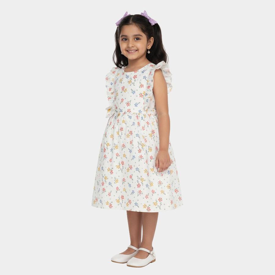 Girls' Soft White Floral Printed Sleeveless Frock, Off White, large
