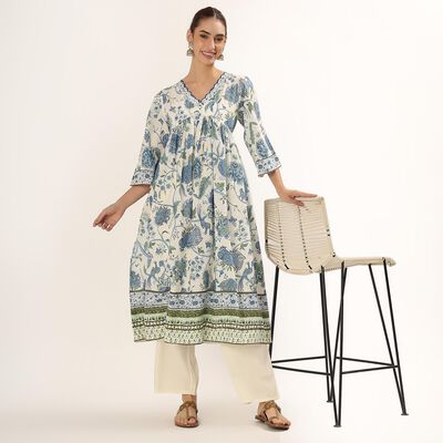 Women's Soft Ivory Cotton V-Neck Floral Printed Kurta