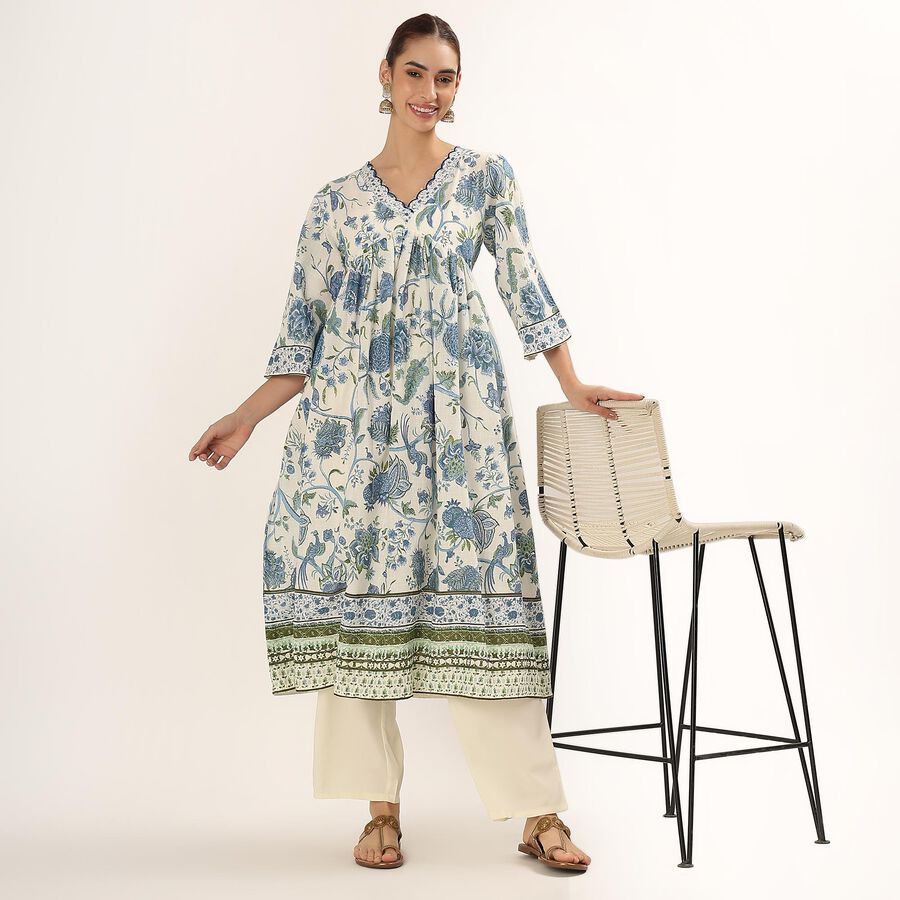 Women's Soft Ivory Cotton V-Neck Floral Printed Kurta, Light Blue, large image number null