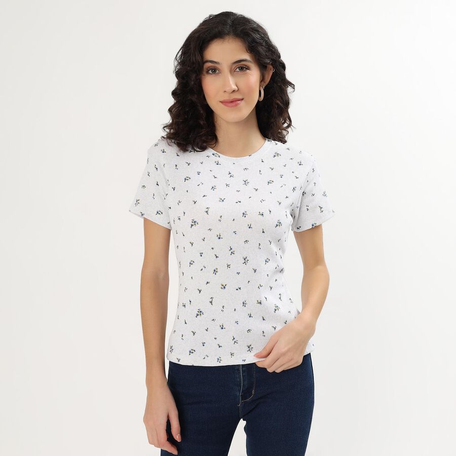 Women's Muted Sage Green Round Neck Casual T-Shirt, Melange Light Grey, large