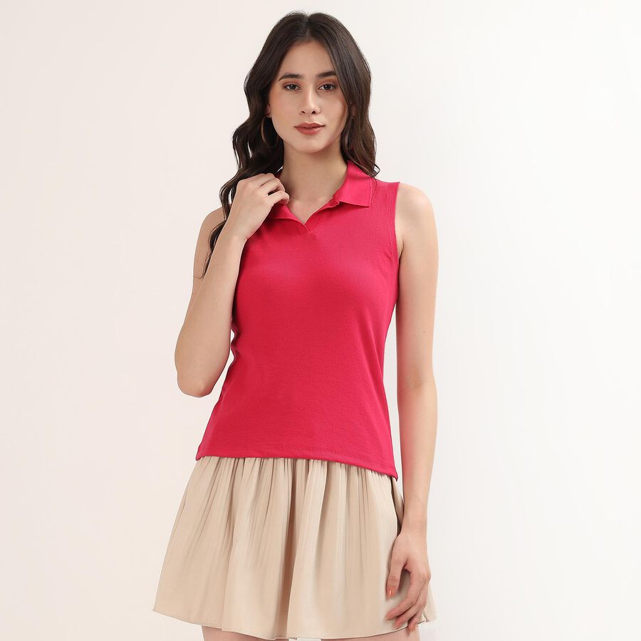 Women's Fuchsia Polo Collar Preppy Polo T-Shirt, Fuchsia, large