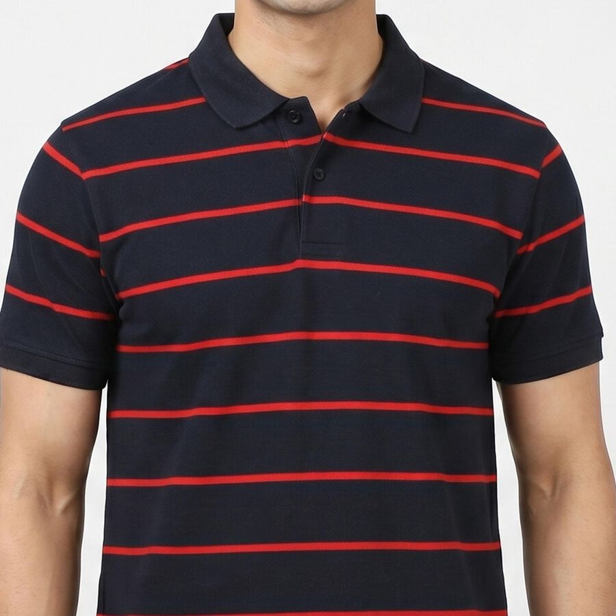 Men's Navy Blue Polo Neck Striped T-Shirt, नेवी ब्लू, large