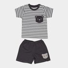 Infants' Grey Cotton Round Neck Striped Baba Suit, हल्का ग्रे, small