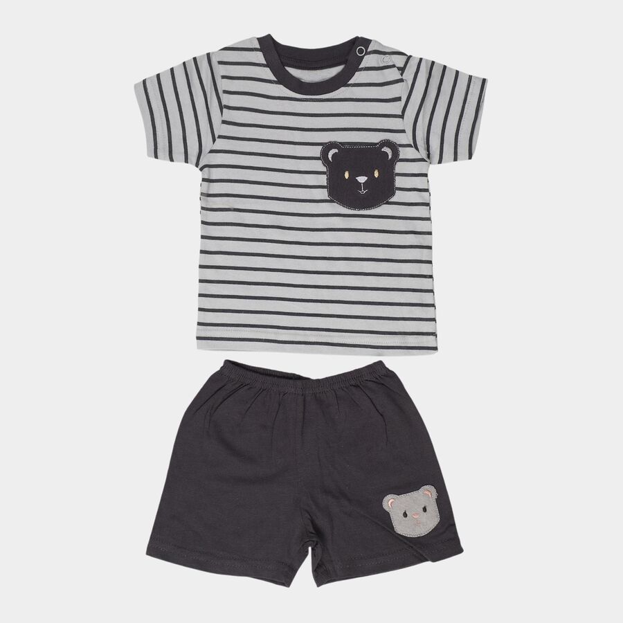 Infants' Grey Cotton Round Neck Striped Baba Suit, हल्का ग्रे, large