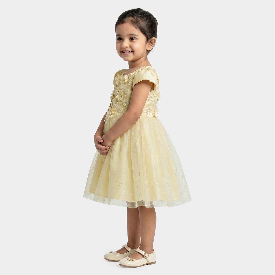 Girls' Beige Fit and Flare Embellished Party Wear Frock, Beige, large