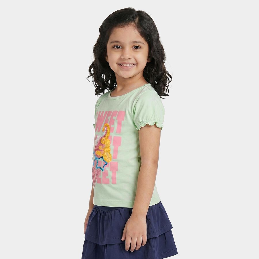 Girls Mint Green Cotton Round Neck Regular T-Shirt, Light Green, large