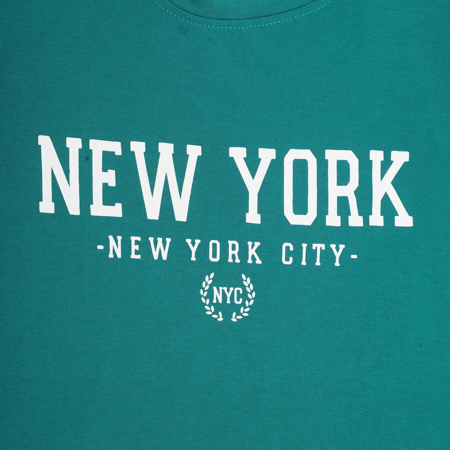 Boys' Teal Green Cotton Blend Round Neck Casual T-Shirt, Dark Green, large image number null