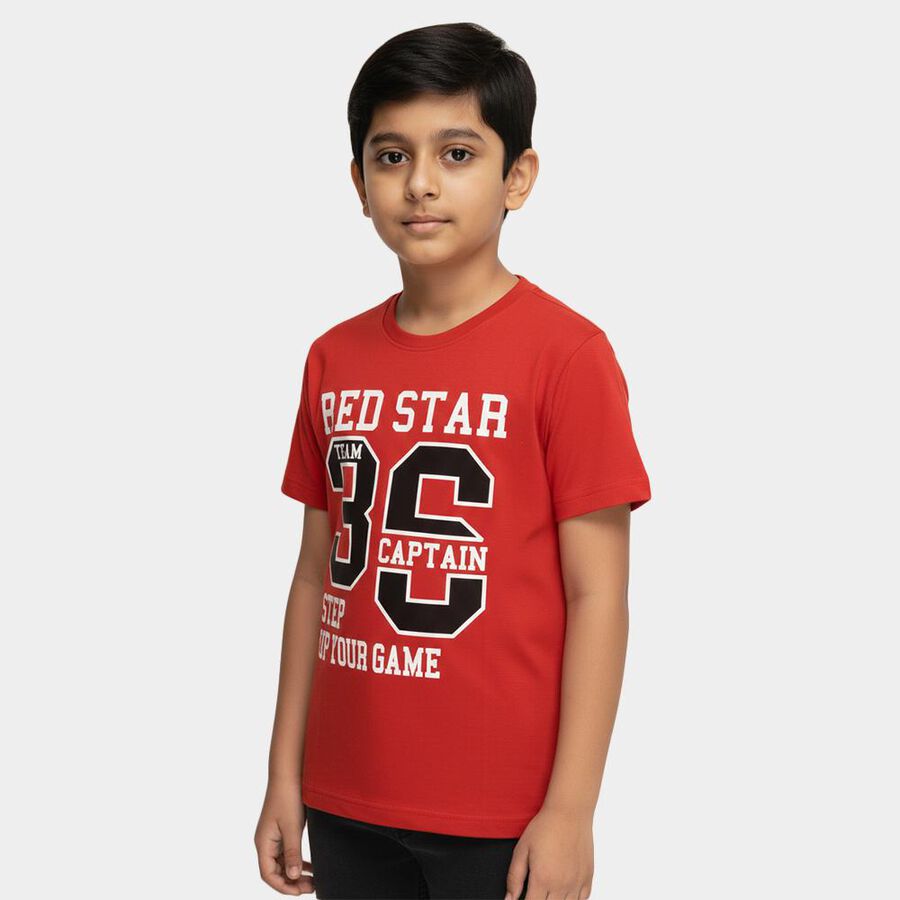 Boys Bright Cherry Red Crew Neck Casual Graphic T-Shirt, लाल, large image number null