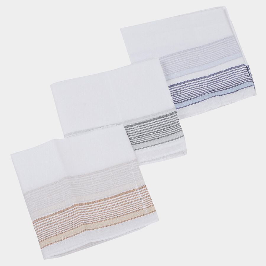 Men's White Striped Pack of 3 Handkerchief, सफ़ेद, large
