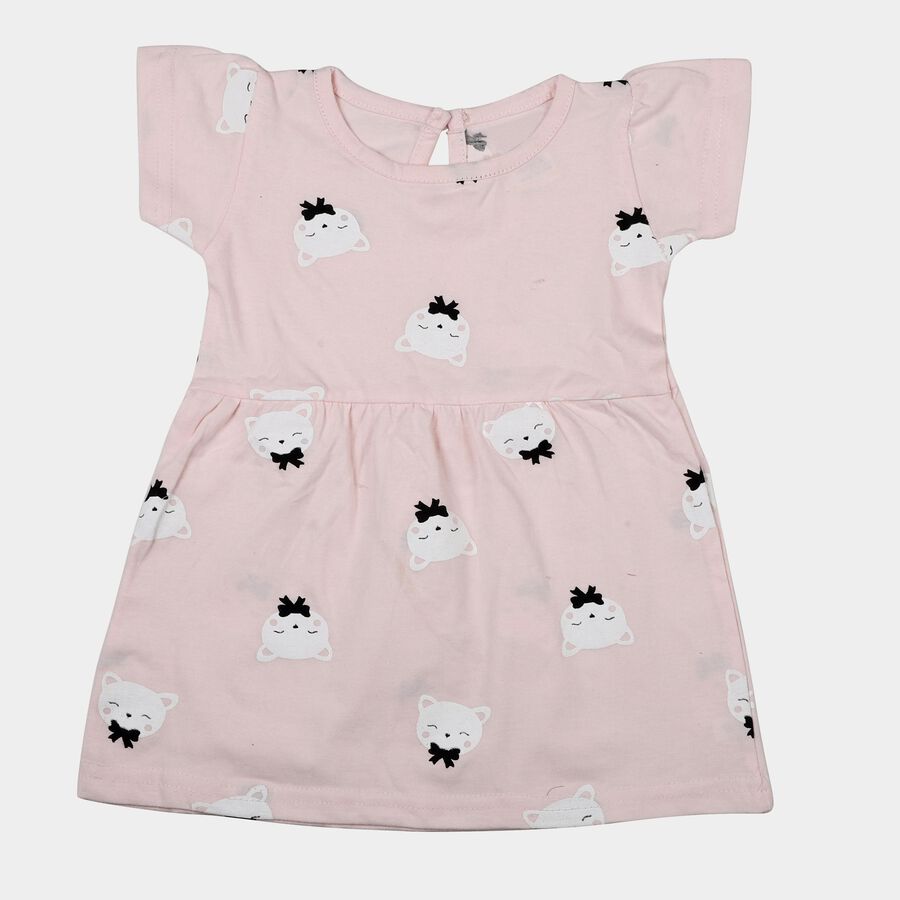 Infants' Pink Cotton Printed Flutter Sleeve Frock, Light Pink, large