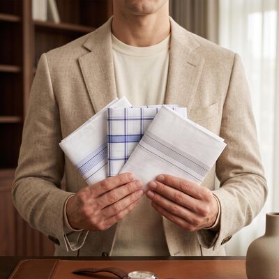 Men's Mid Blue Checked Pack of 3 Handkerchief