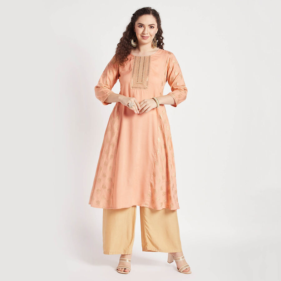 Embroidered Flared Kurta, Peach, large image number null