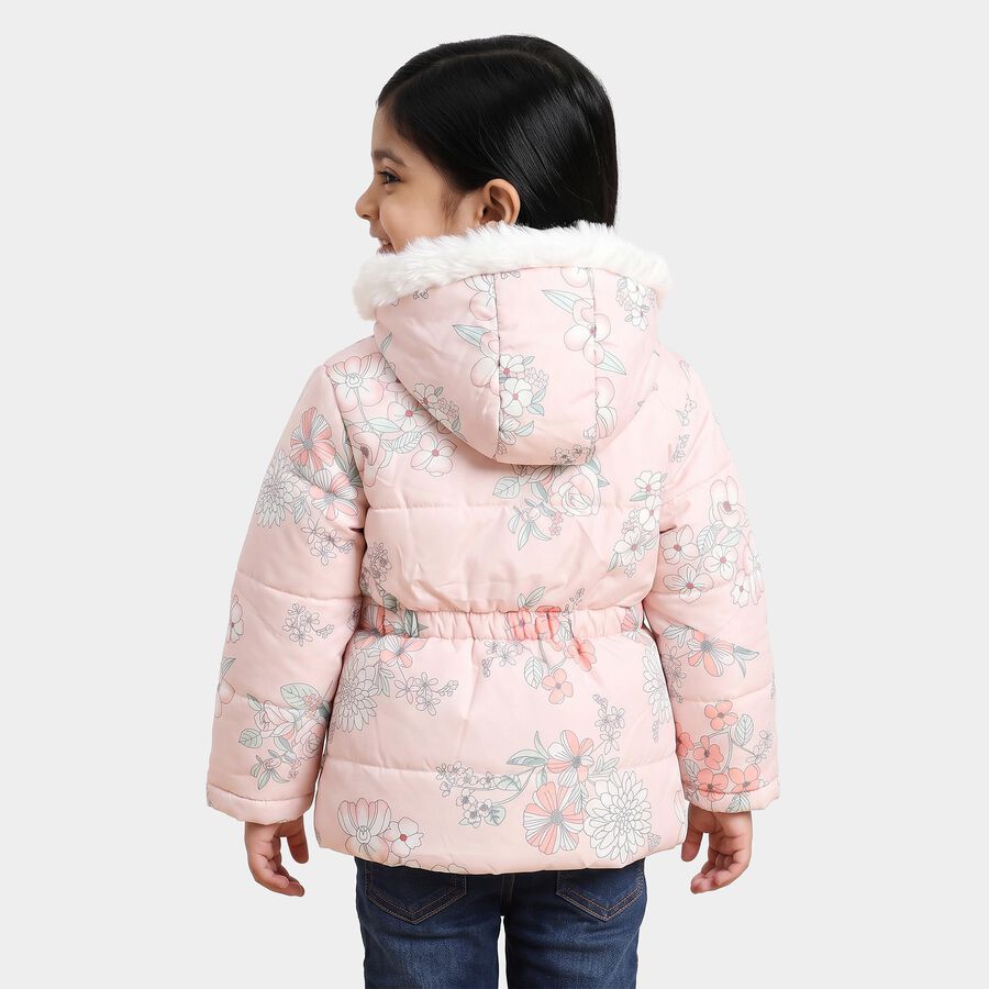Girls Pink Hooded Floral Puffer Jacket, Light Pink, large