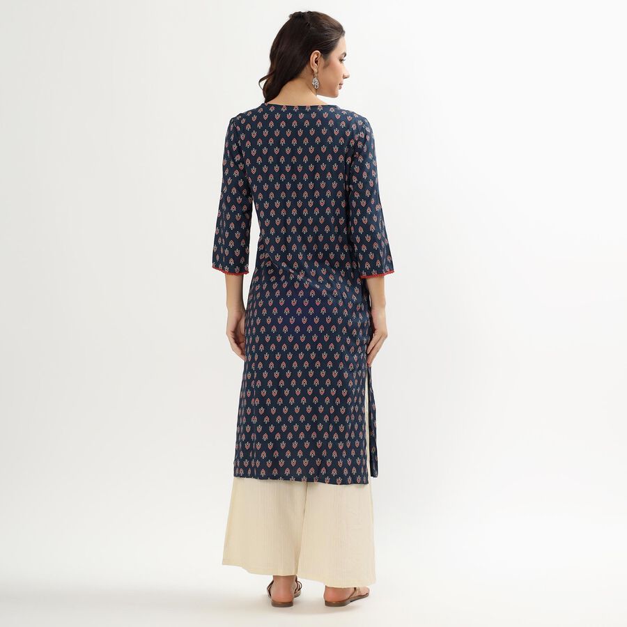 Women's Dark Blue Round Neck Printed Kurta, Dark Blue, large image number null