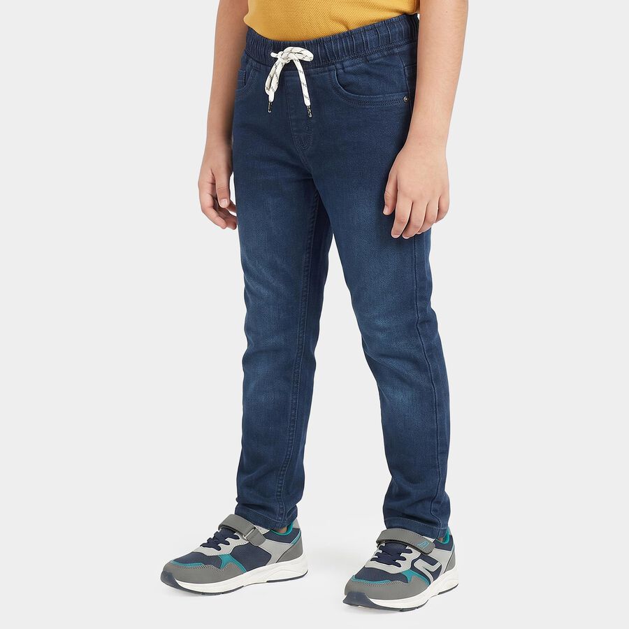 Boys' Dark Blue Blue Jogger Fit Washed Jeans, गहरा नीला, large