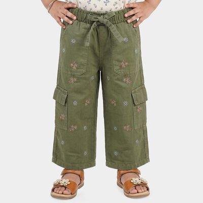 Girls' Olive Green Regular Fit Embroidered Cargo Jeans