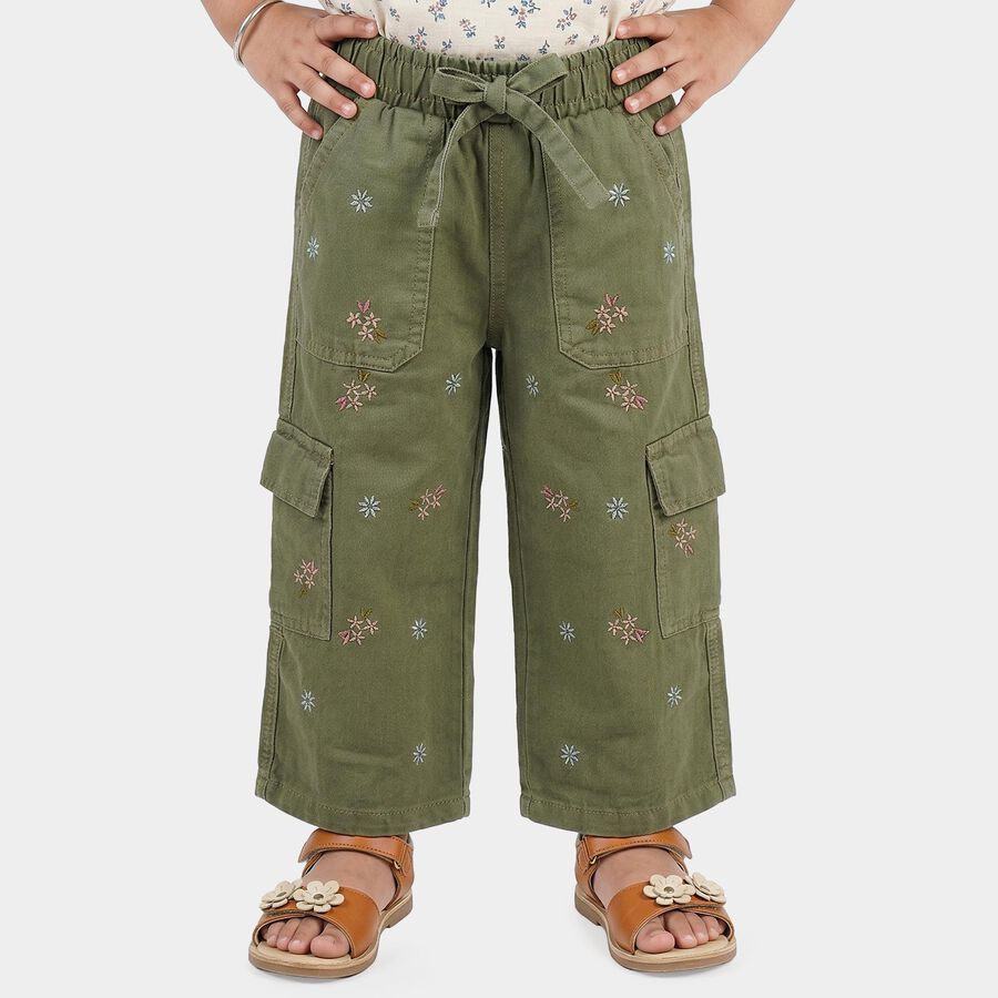 Girls' Olive Green Regular Fit Embroidered Cargo Jeans, Light Green, large