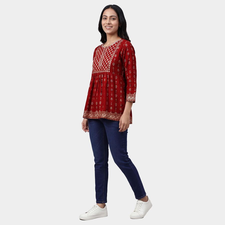 Women's Maroon Round Neck Printed Kurti, Maroon, large