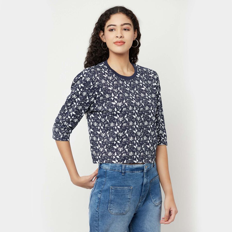 Cotton Printed Round Neck T-Shirt, Navy Blue, large image number null