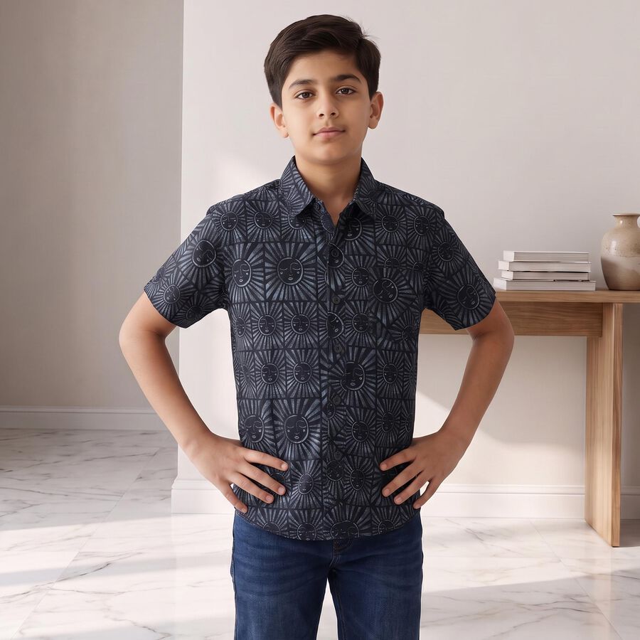 Boys Navy Blue Cotton Short Sleeves Spread Collar Shirt, Navy Blue, large