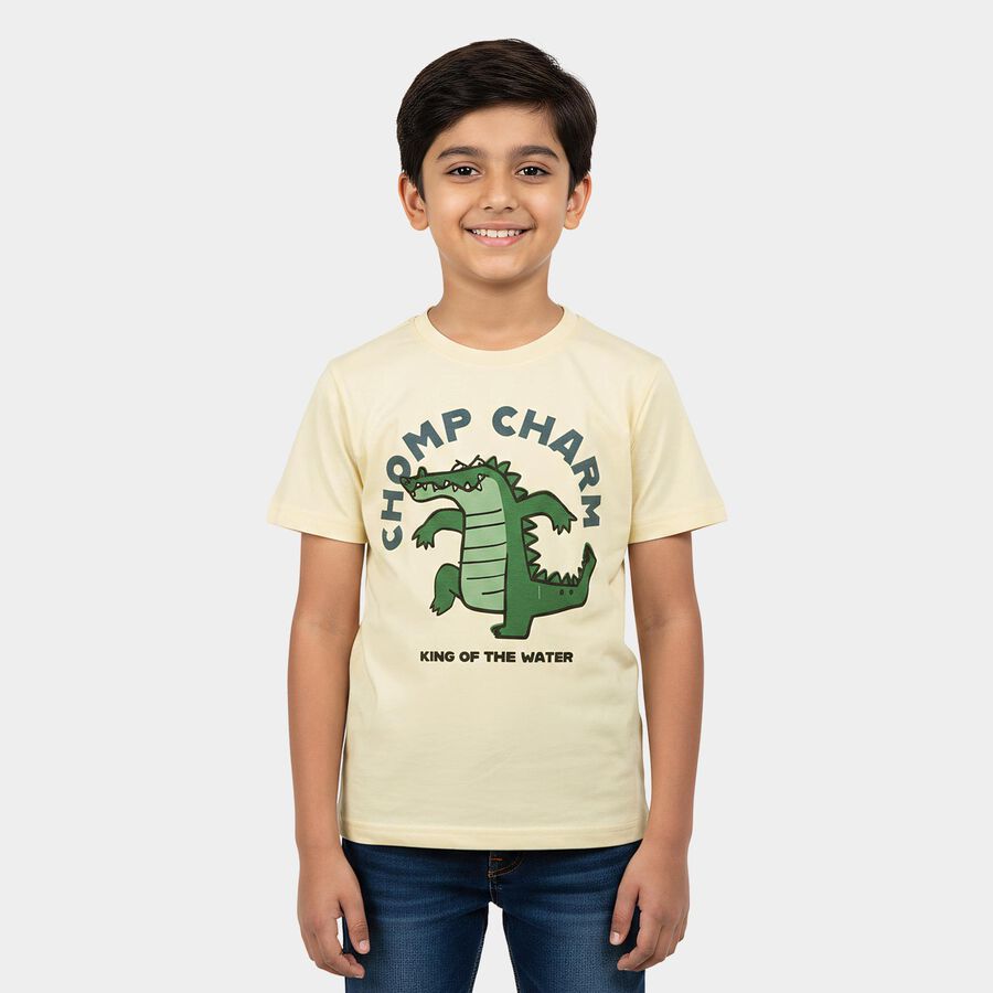 Boys White Cotton Round Neck Regular Boys T-Shirt, White, large