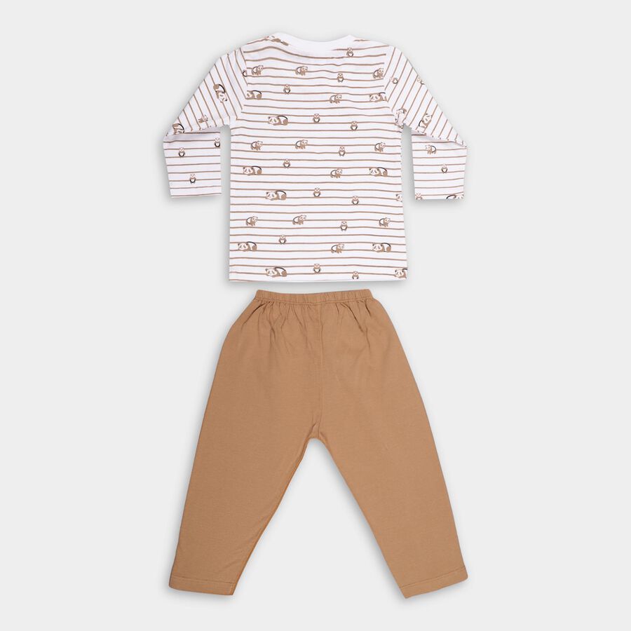 Infants' Beige Cotton Round Neck Panda Printed Baba Suit, गहरा पीला, large image number null