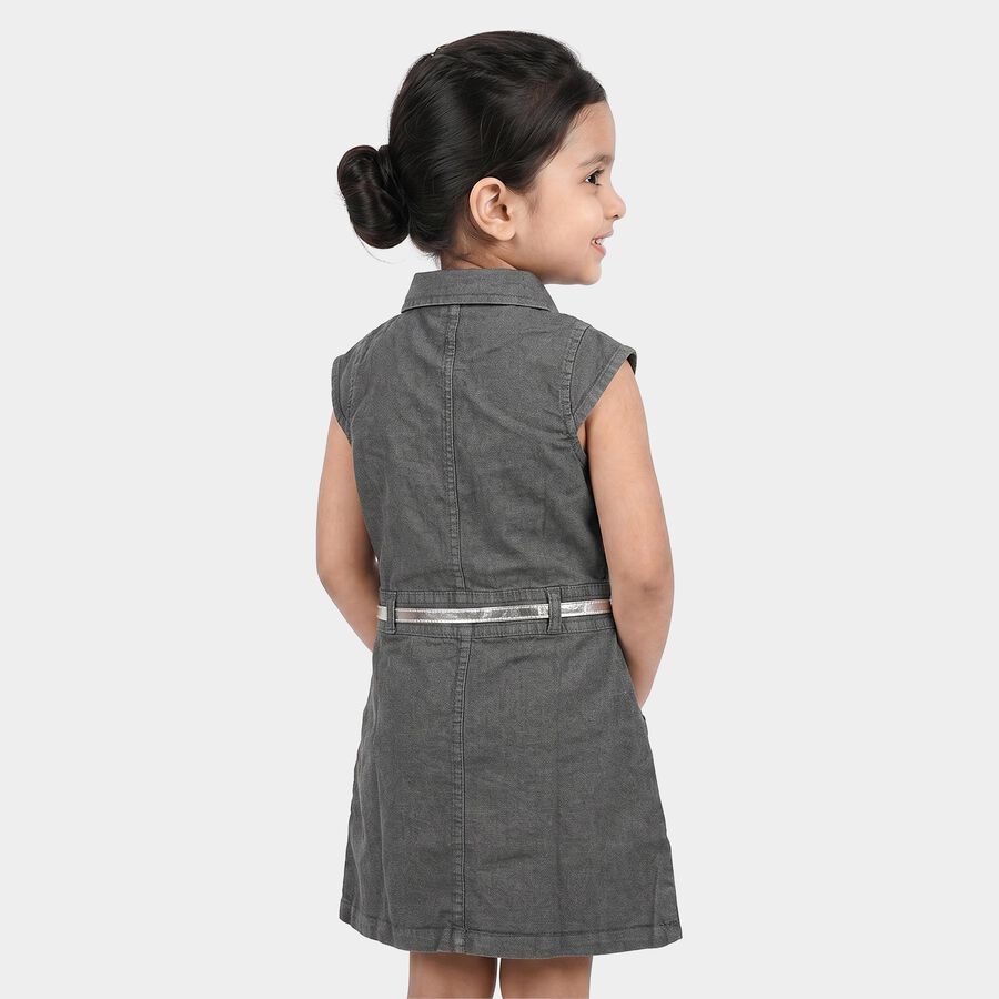 Girls' Grey Shirt Style Belted Frock, हल्का ग्रे, large