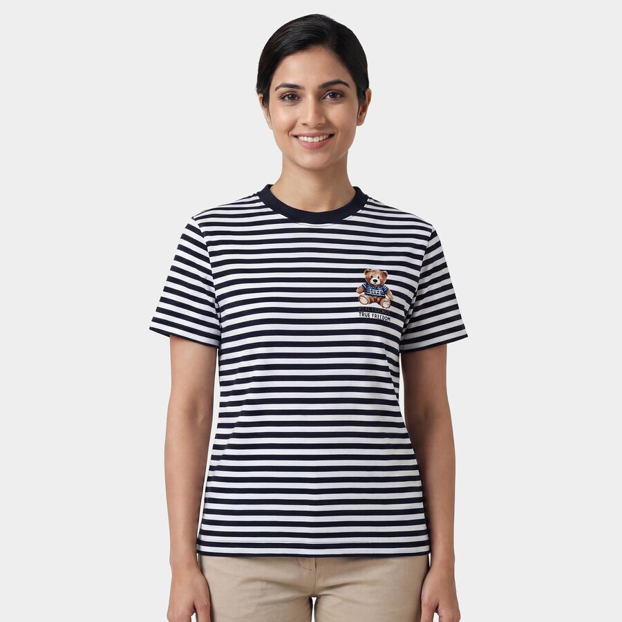 Women's Navy Blue Round Neck Casual T-Shirt, नेवी ब्लू, large