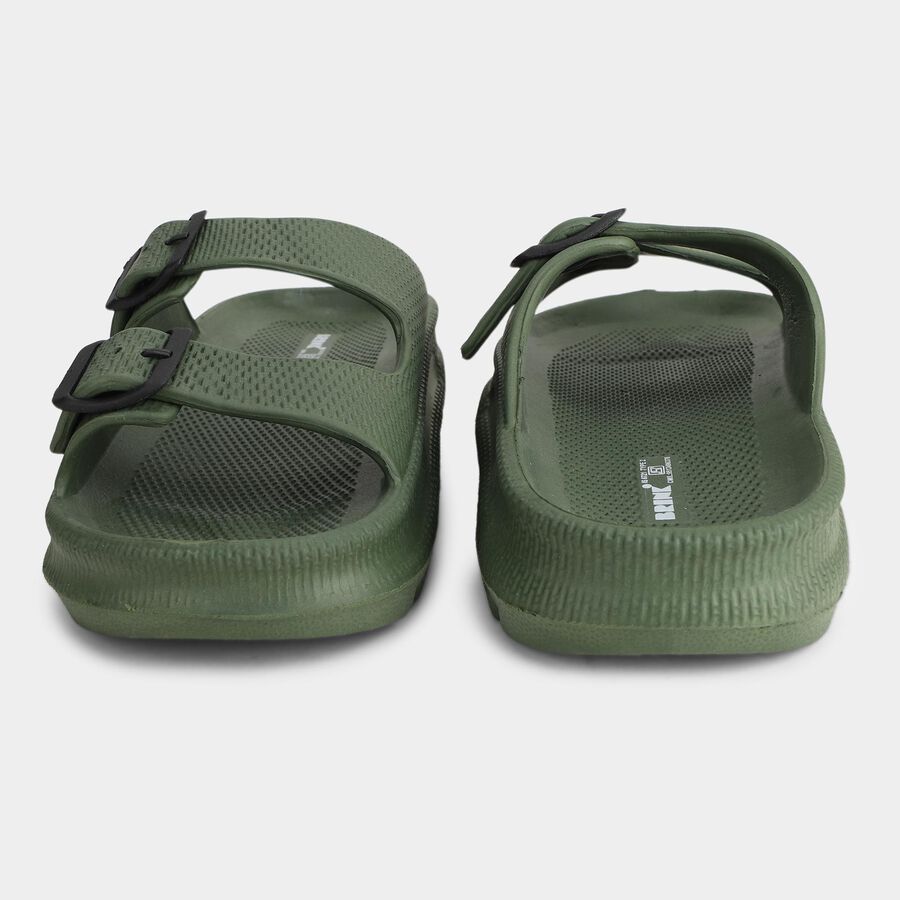 Men Olive Green Adjustable Buckle Sliders Slippers, Olive, large