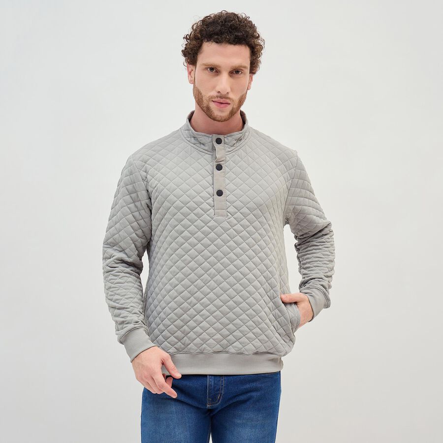 Men's Light Grey High Neck Quilted Sweatshirt, Light Grey, large image number null