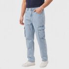 Men's Light Blue Cargo Fit Washed Jeans, हल्का नीला, small