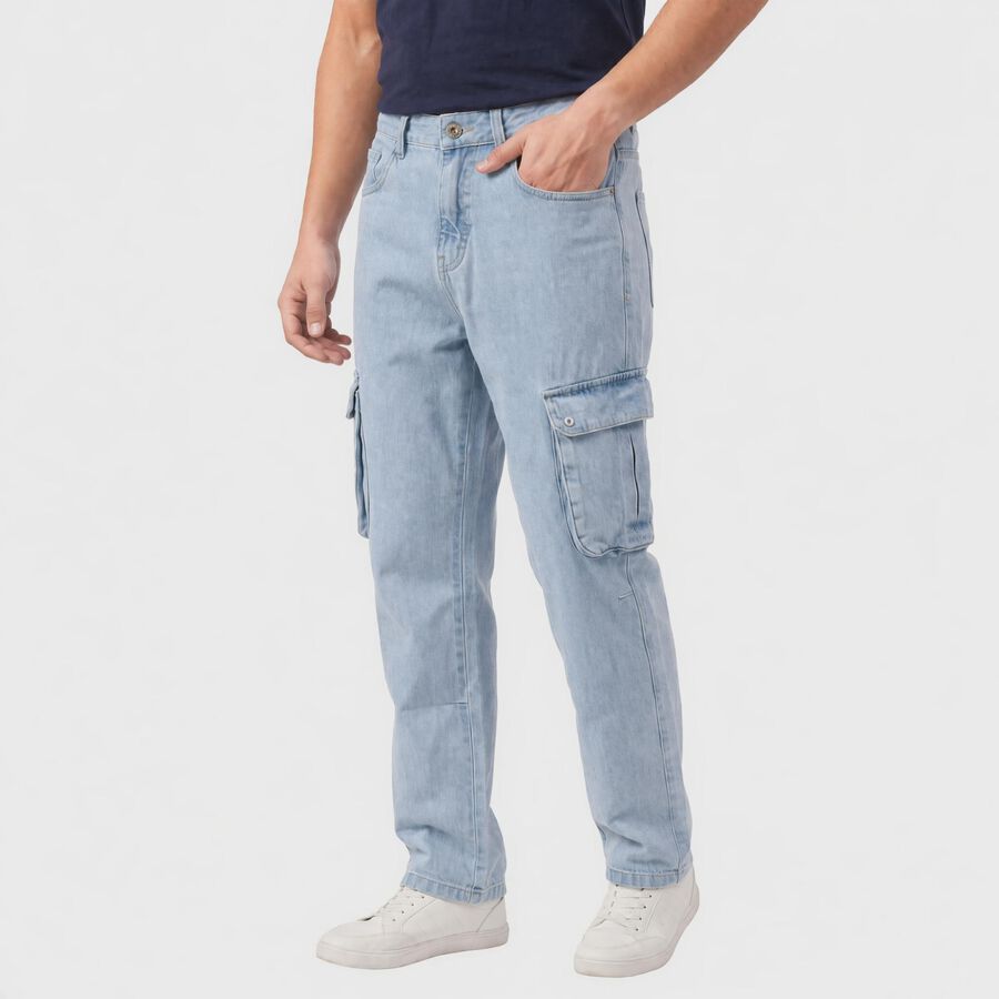 Men's Light Blue Cargo Fit Washed Jeans, हल्का नीला, large