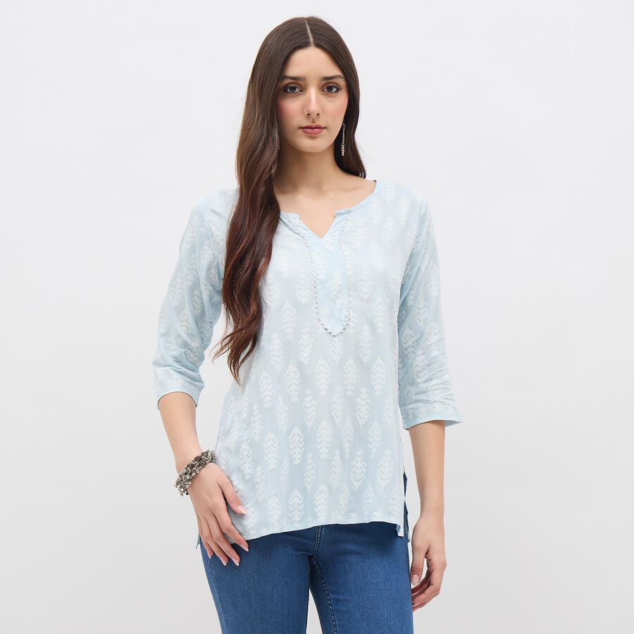 Women's Light Powder Blue V-Neck Printed Kurti, हल्का नीला, large image number null
