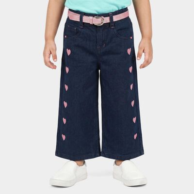 Girls' Navy Blue Wide Leg Heart Print Jeans