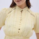 Women's Soft Yellow Mandarin Collar Romantic Midi Dress, पीला, small image number null