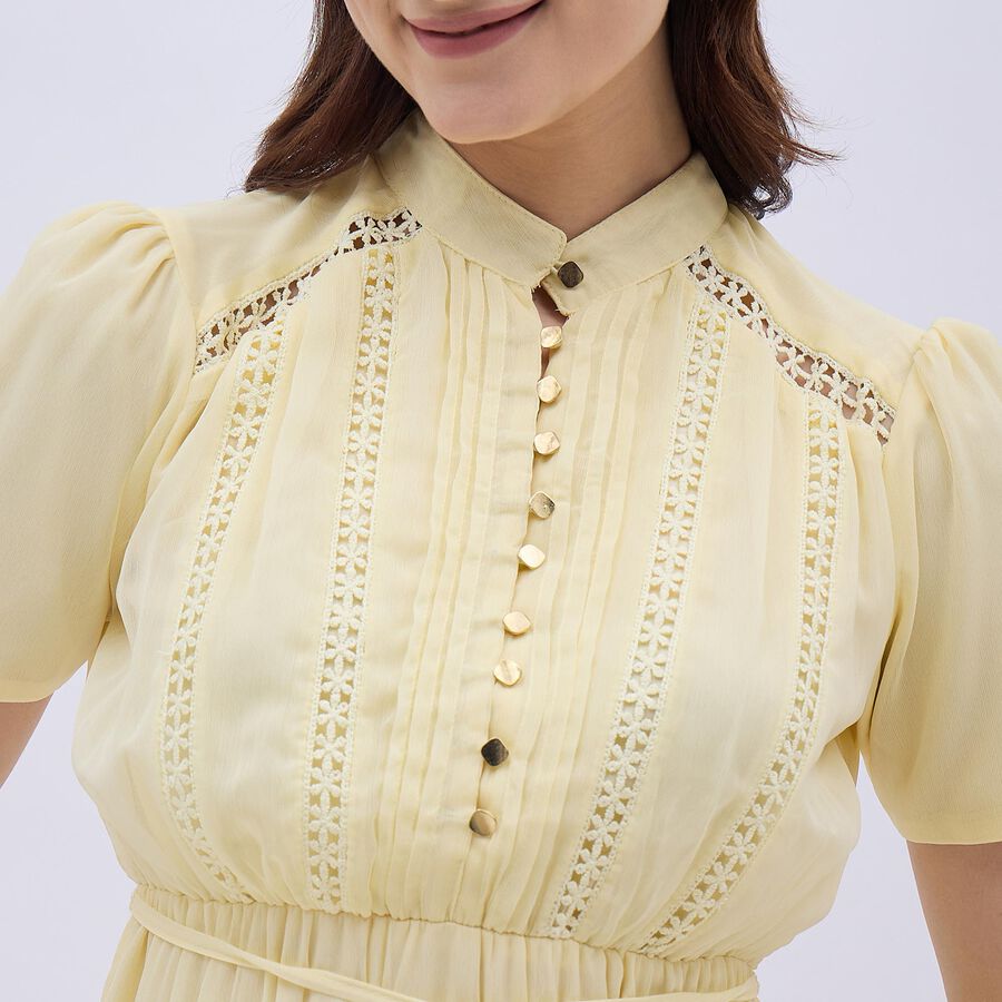 Women's Soft Yellow Mandarin Collar Romantic Midi Dress, पीला, large image number null