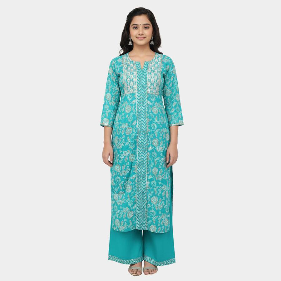 Girls Bright Teal Embroidered Kurta and Palazzo Fusion Set with Dupatta, Aqua, large image number null