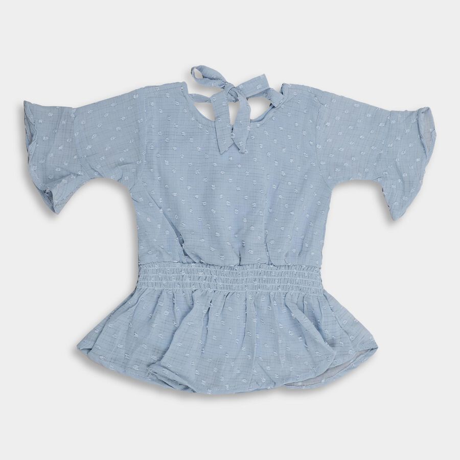 Girls' Light Blue Round Neck Ruffled T-Shirt, हल्का नीला, large image number null