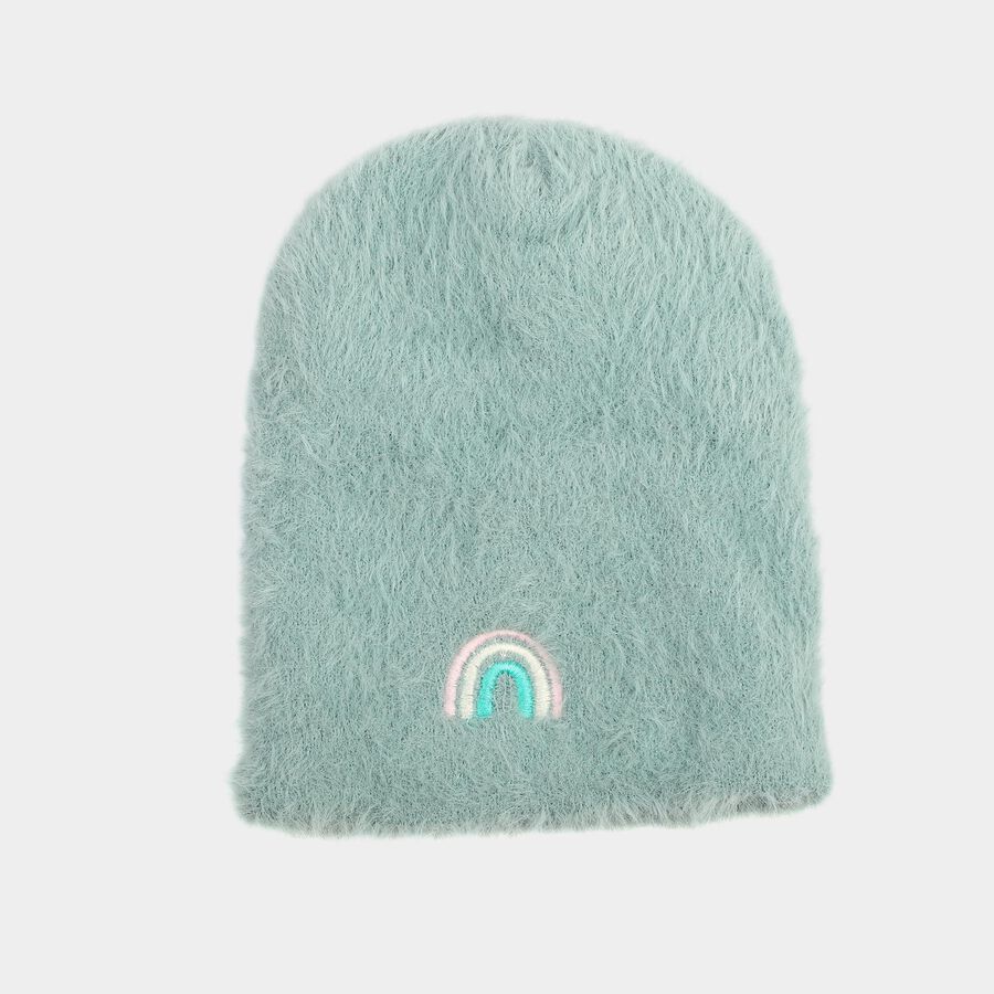 Girls' Mint Green Embroidered Rainbow Beanie Cap, हल्का हरा, large