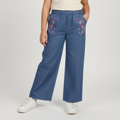 Girls' Steel Blue Wide Leg Embroidered Jeans