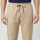 Men's Beige Slim Fit Drawstring Casual Trousers, खाकी, small
