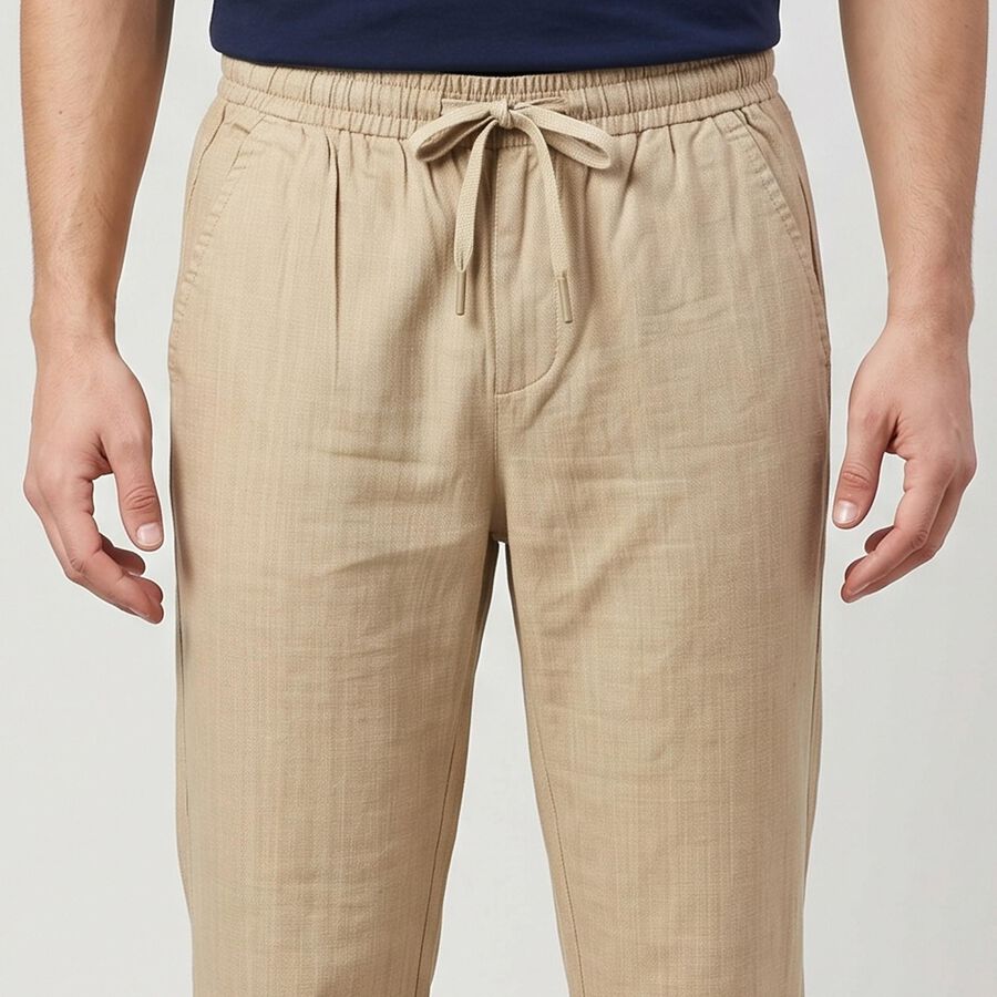 Men's Beige Slim Fit Drawstring Casual Trousers, खाकी, large
