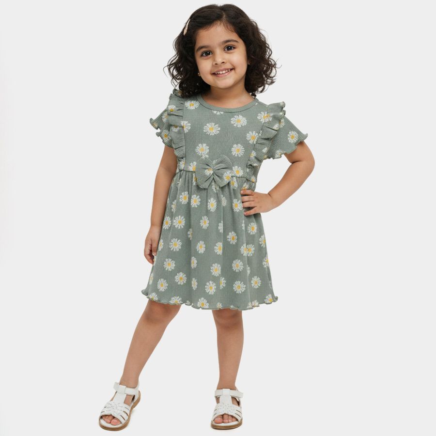 Infant Girls' Green Flared Daisy Print Ruffle Sleeve Frock, Light Green, large